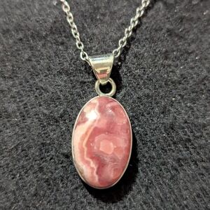 Sterling Silver Pink Rhodochrosite Gemstone Oval Pendant Statement Necklace